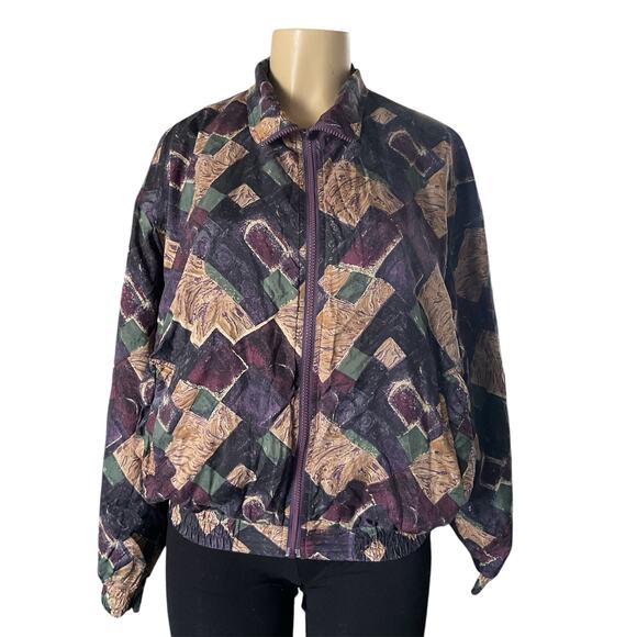 Bogari 100% Silk Vintage Bomber Jacket Women’s L Patchwork Print Y2K - Picture 1 of 8